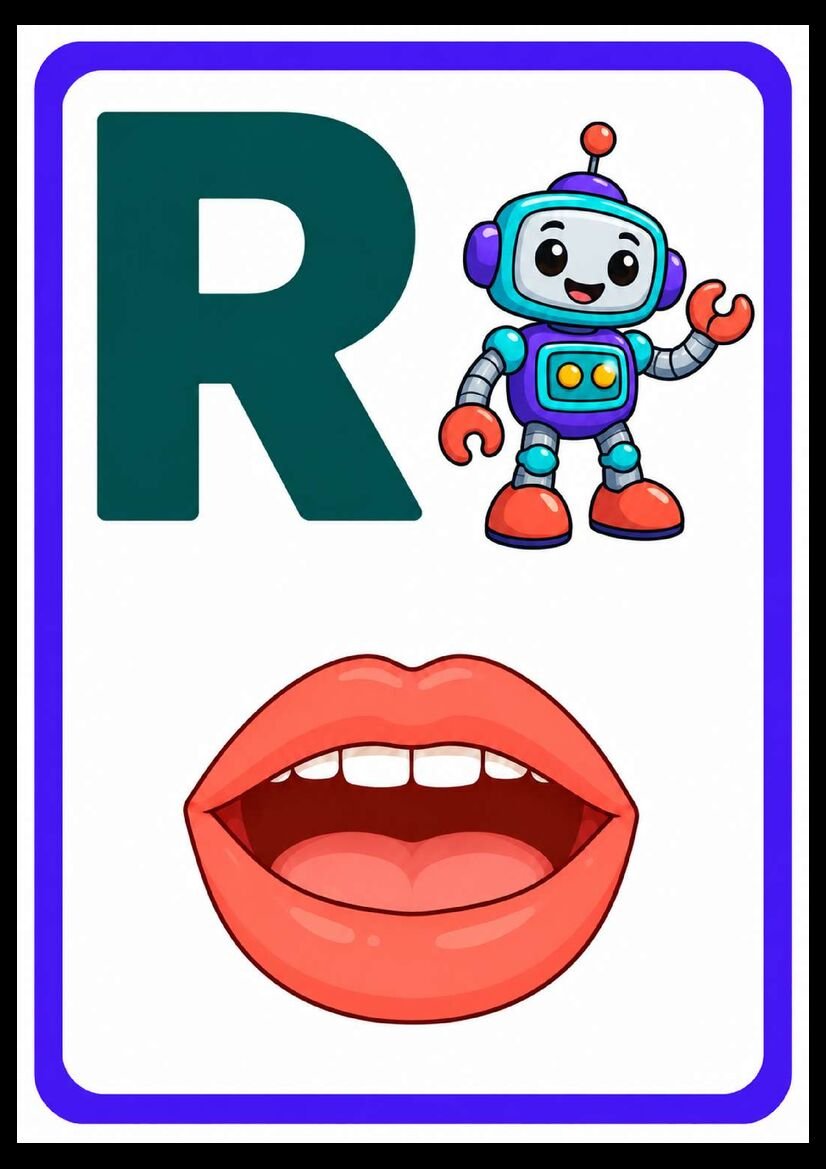 Alfabeto das boquinhas letra R com robô colorido e boca ilustrada